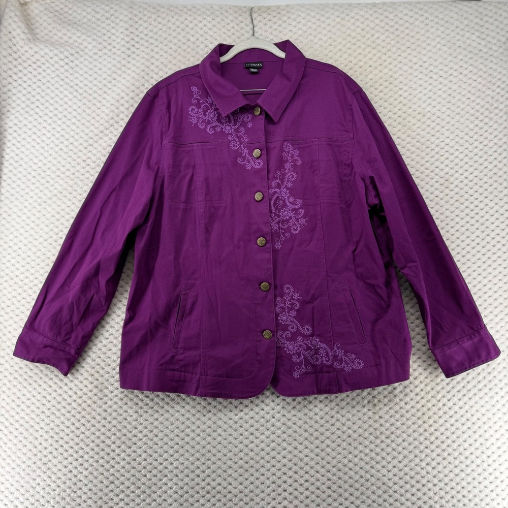 Trilogy by Morning Sun Womens Embroidered Purple Button Front Jacket 2X